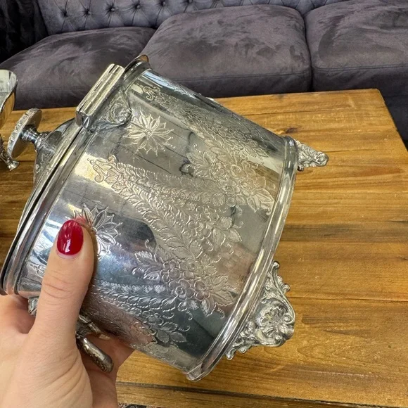 Stunning silver plated large footed bisc box with lions